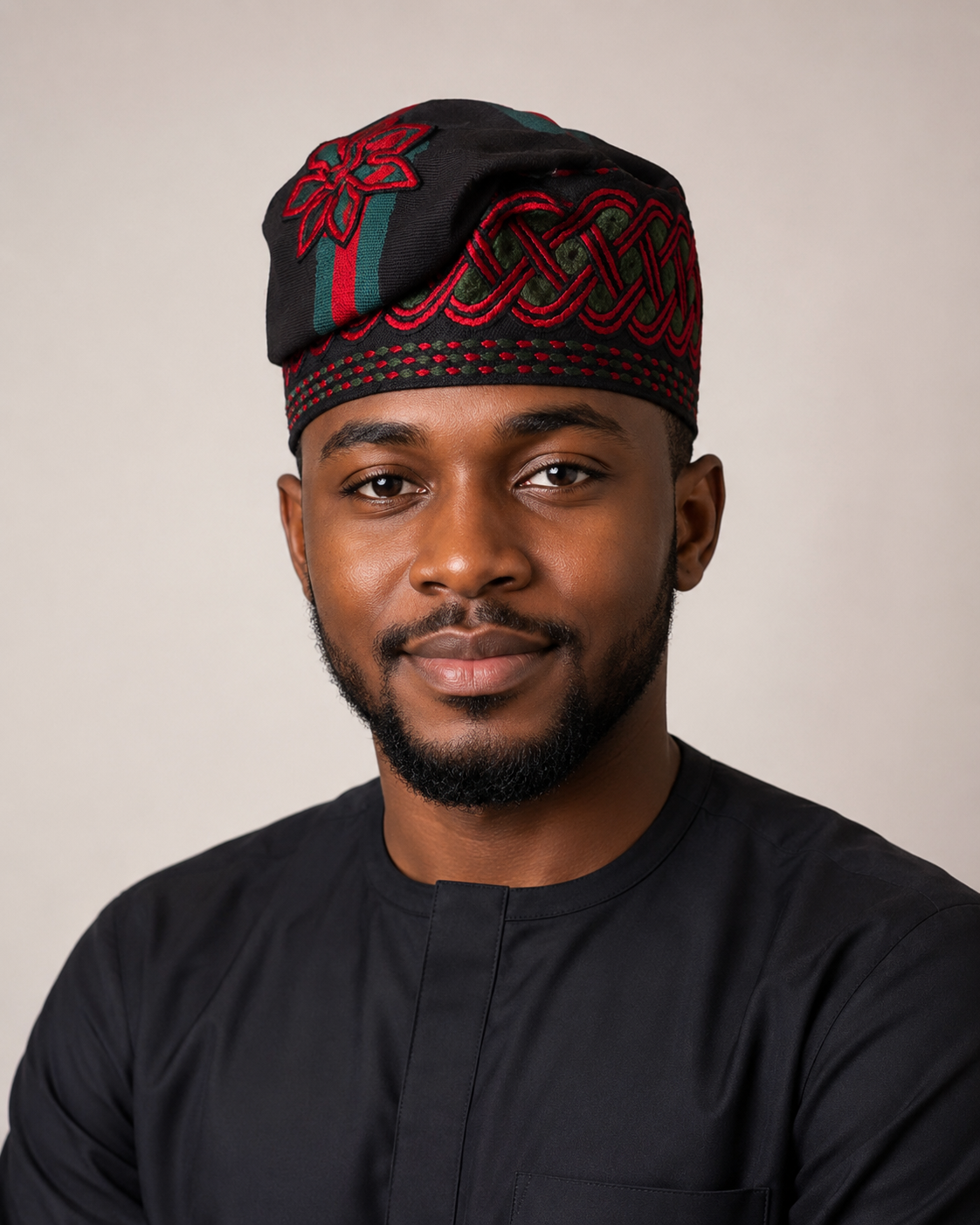 Black With Green and Red Handknit embroidered traditional yoruba cap
