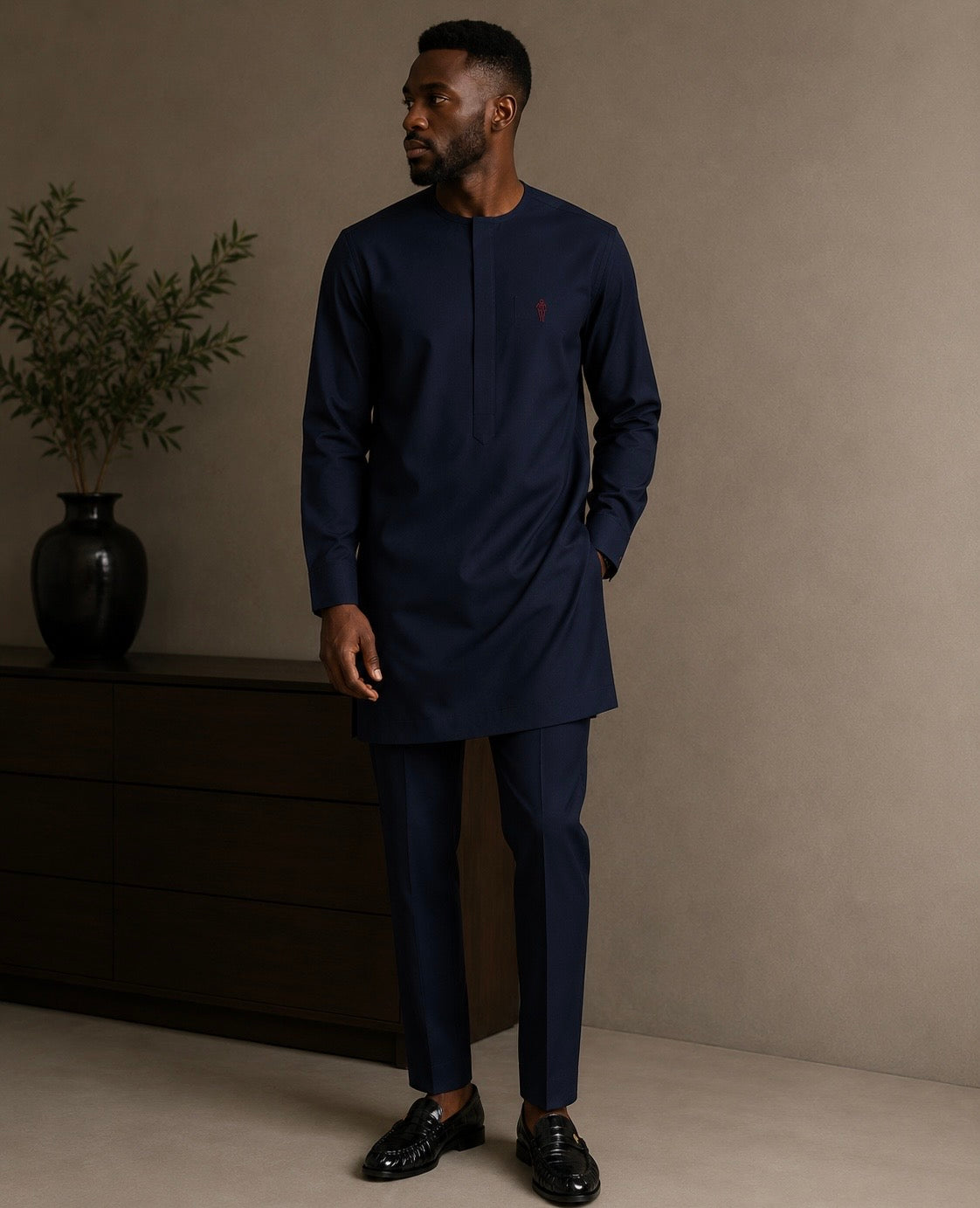 Navy Blue Long Sleeve Logo Kaftan