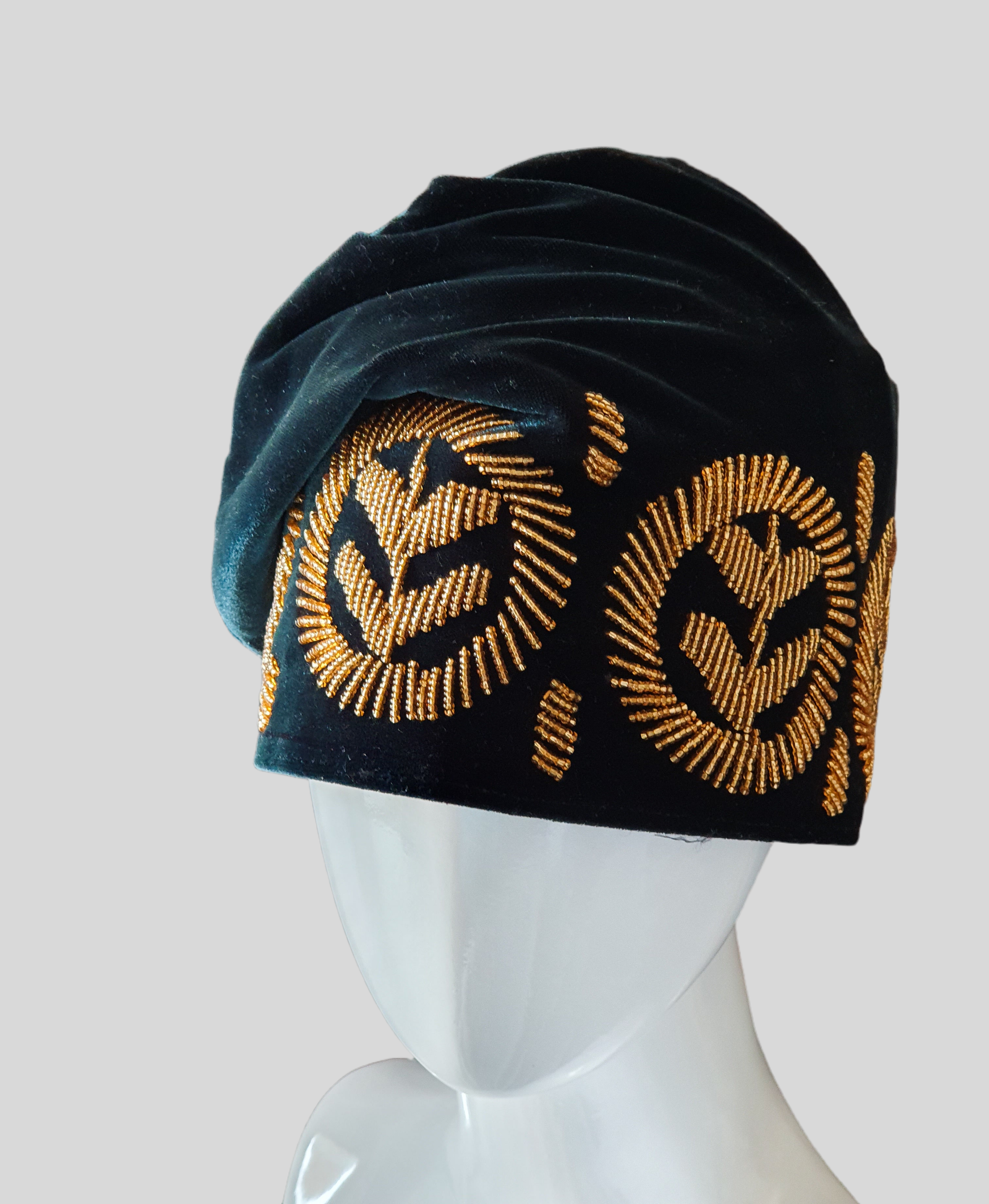 Deep Green Velvet Yoruba Cap with Gold Beadwork