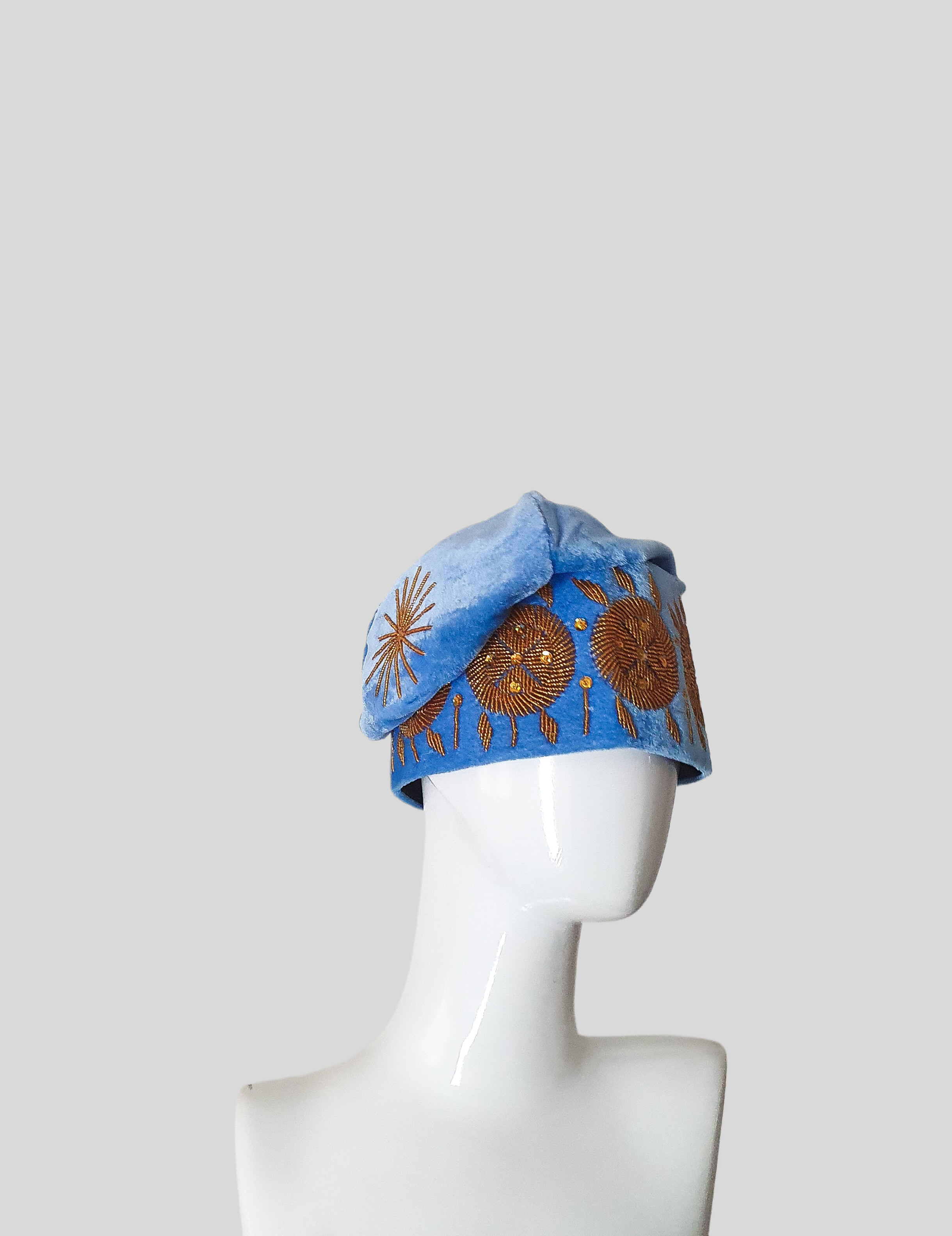 Akogun Sky Blue Velvet Yoruba Cap with Gold Beadwork
