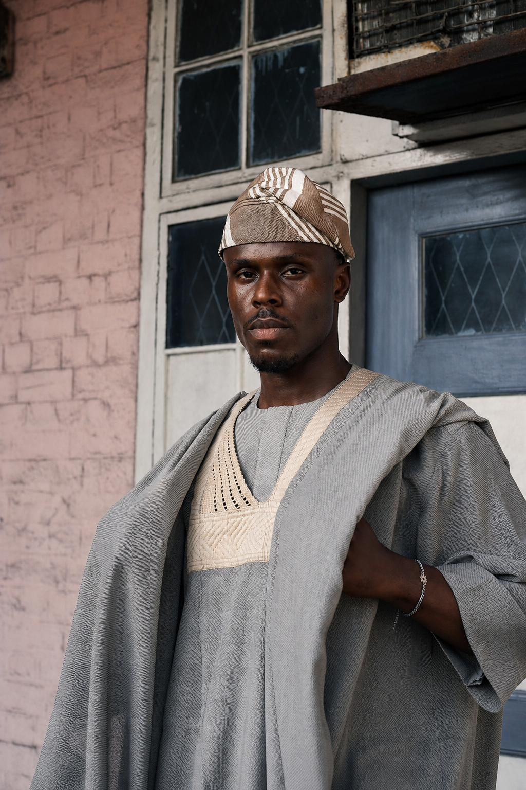 Beige Jakan agbada with 3/4 sleeves and loose trousers