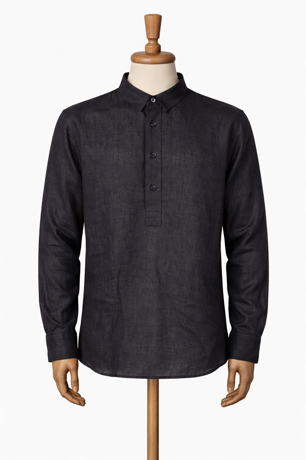 Black Linen Half-Placket Shirt