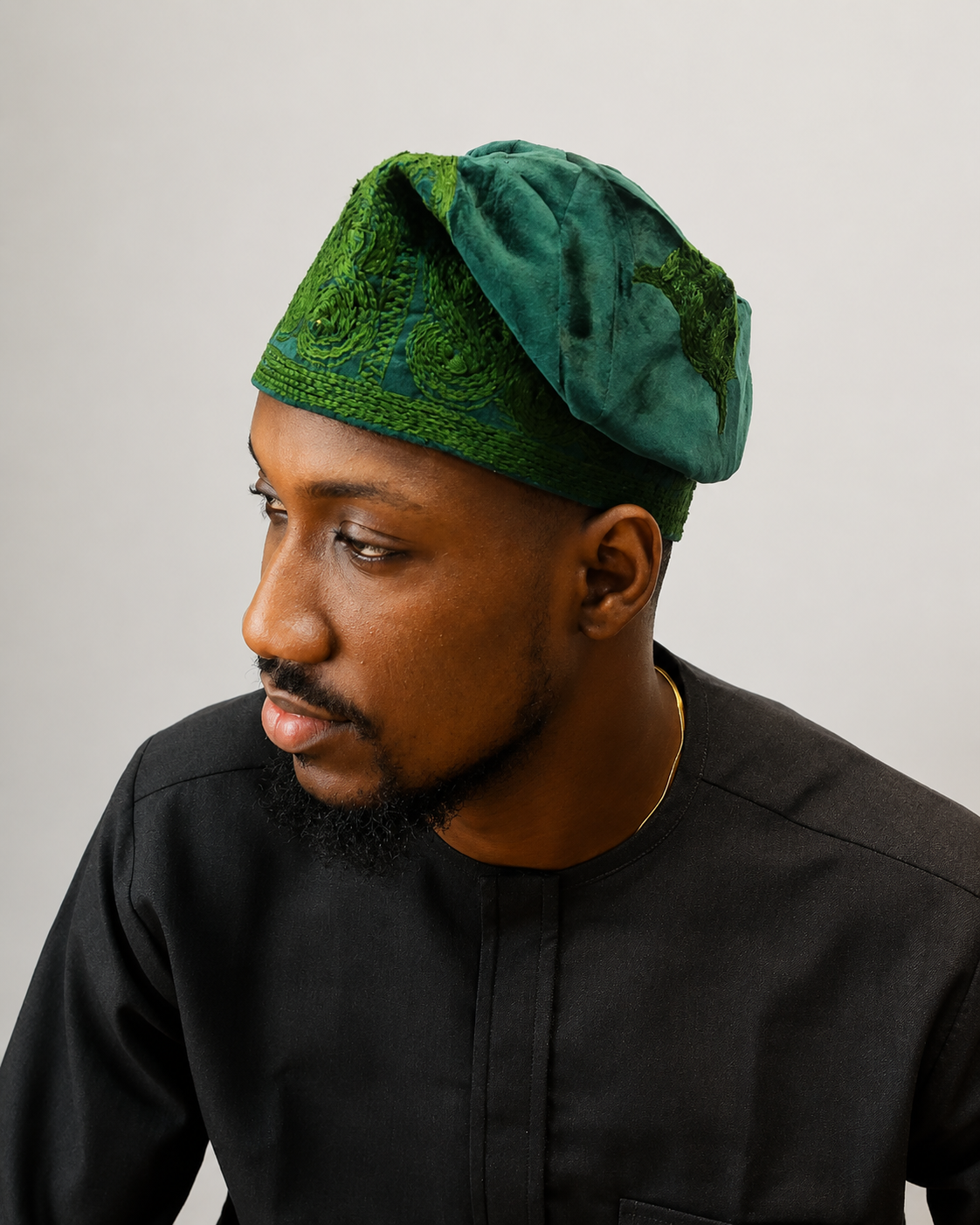 Green Velvet Monotone Embroidered Yorùbá Cap