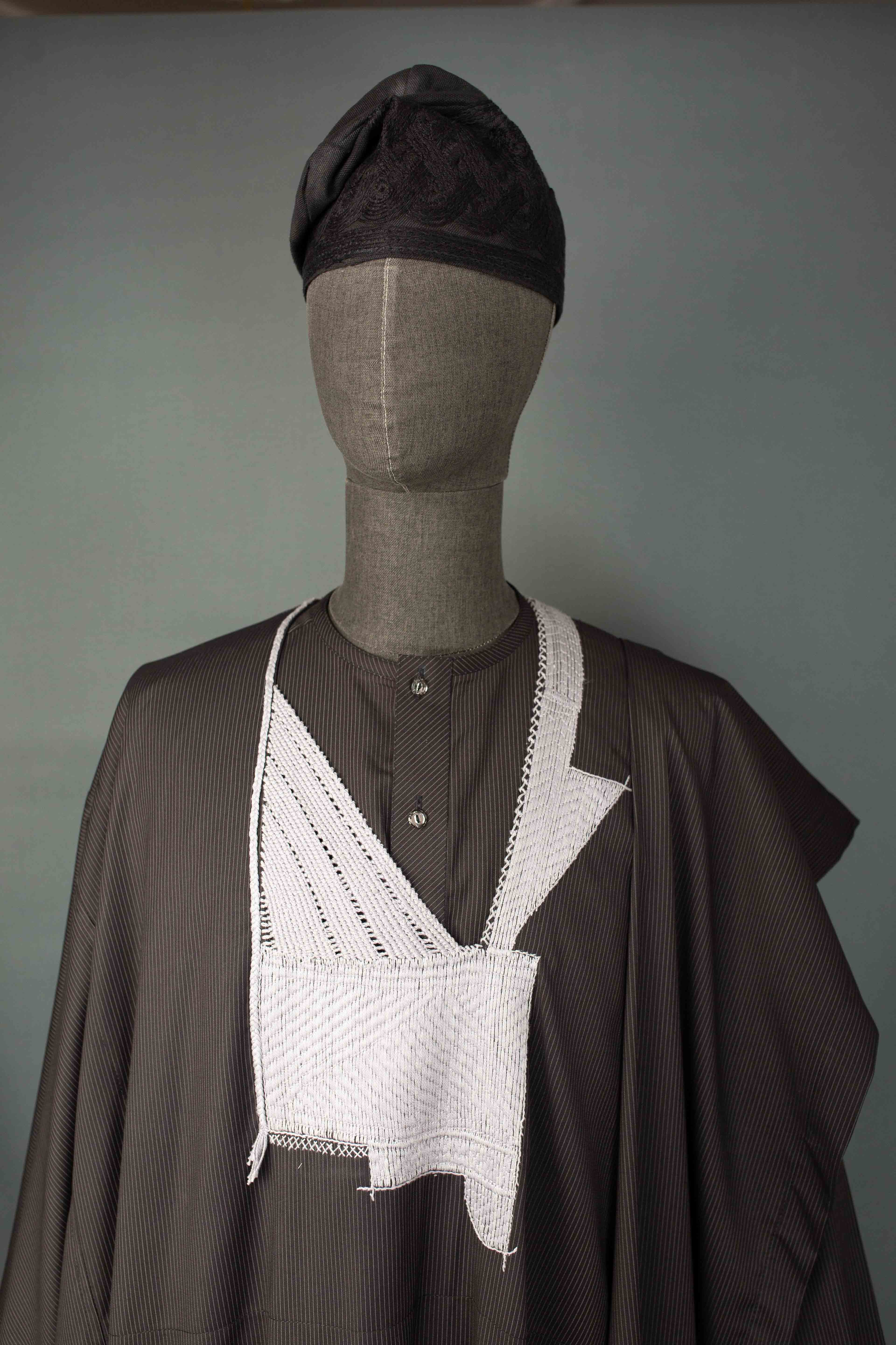Black “Elegushi” Jakan Agbada – Pinstripe Embroidered 3-Piece Suit for Men