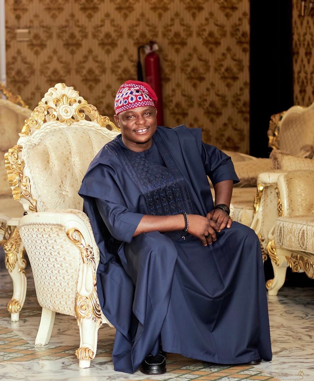 Red, white and blue stripes Nigerian men yoruba fila ijebu