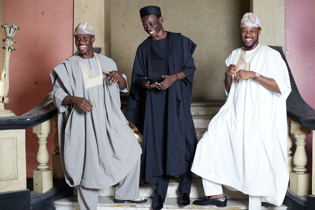 Beige Jakan agbada with 3/4 sleeves and loose trousers
