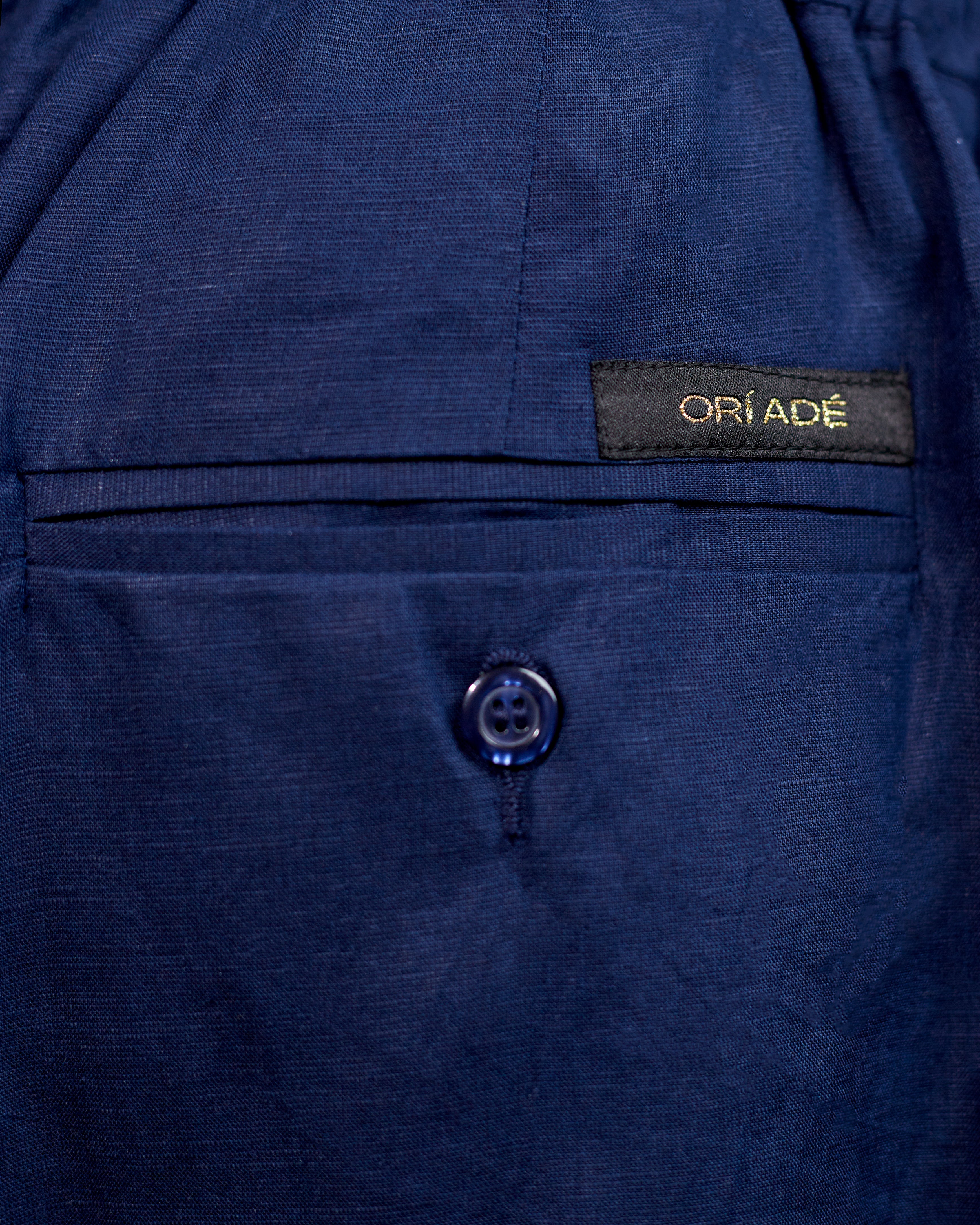 Orí Adé Navy Blue Linen Set – Mandarin Shirt & Drawstring Trousers
