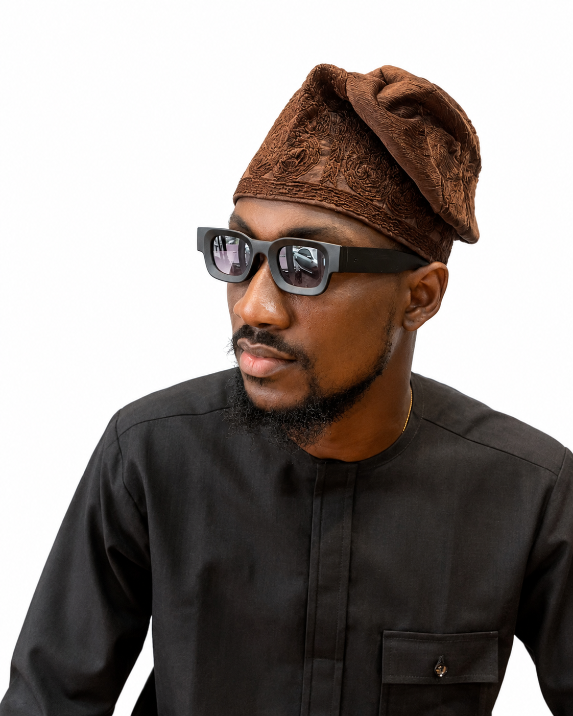 Brown Velvet Monotone Embroidered Yorùbá Cap
