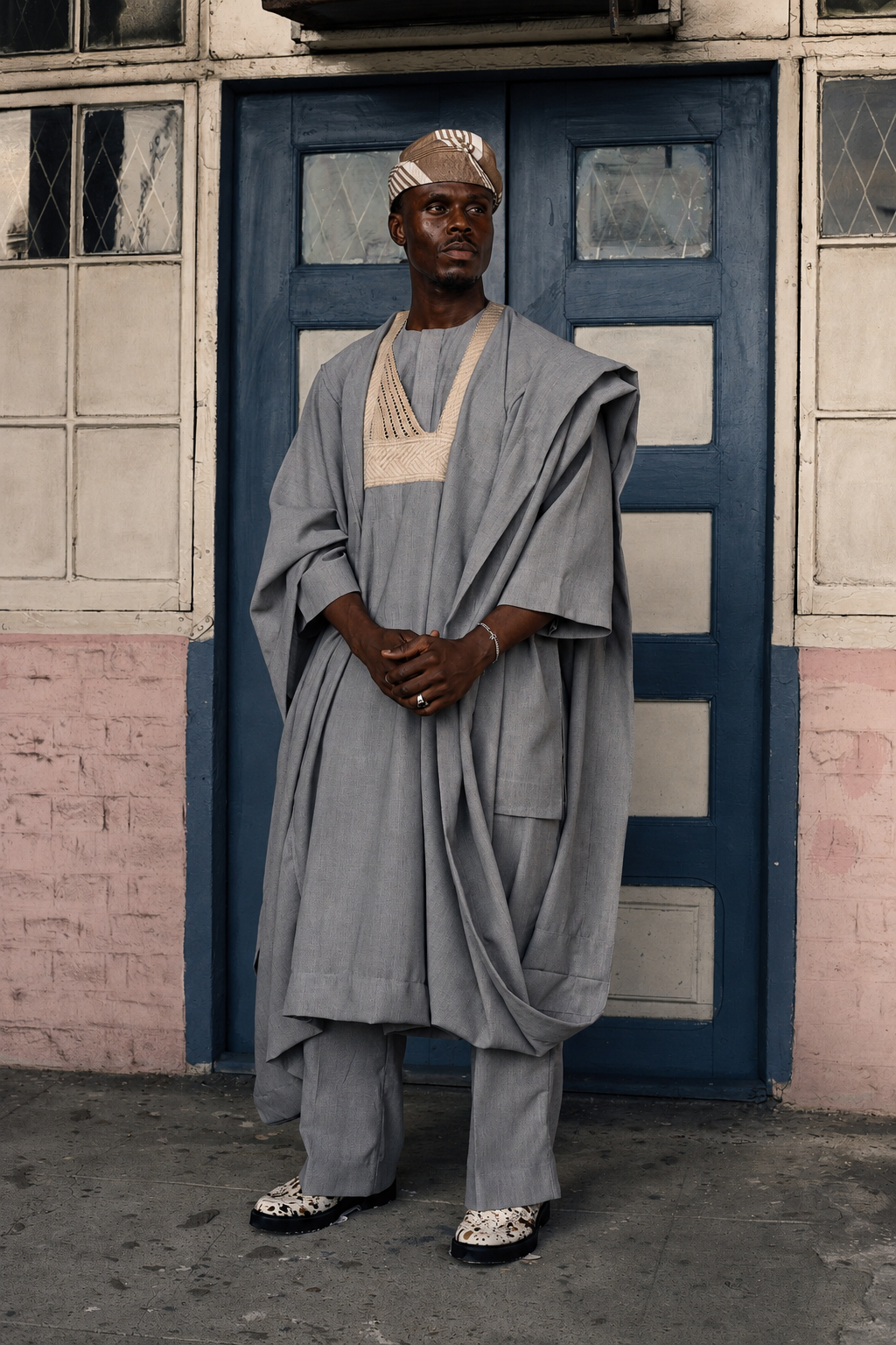 Beige Jakan agbada with 3/4 sleeves and loose trousers