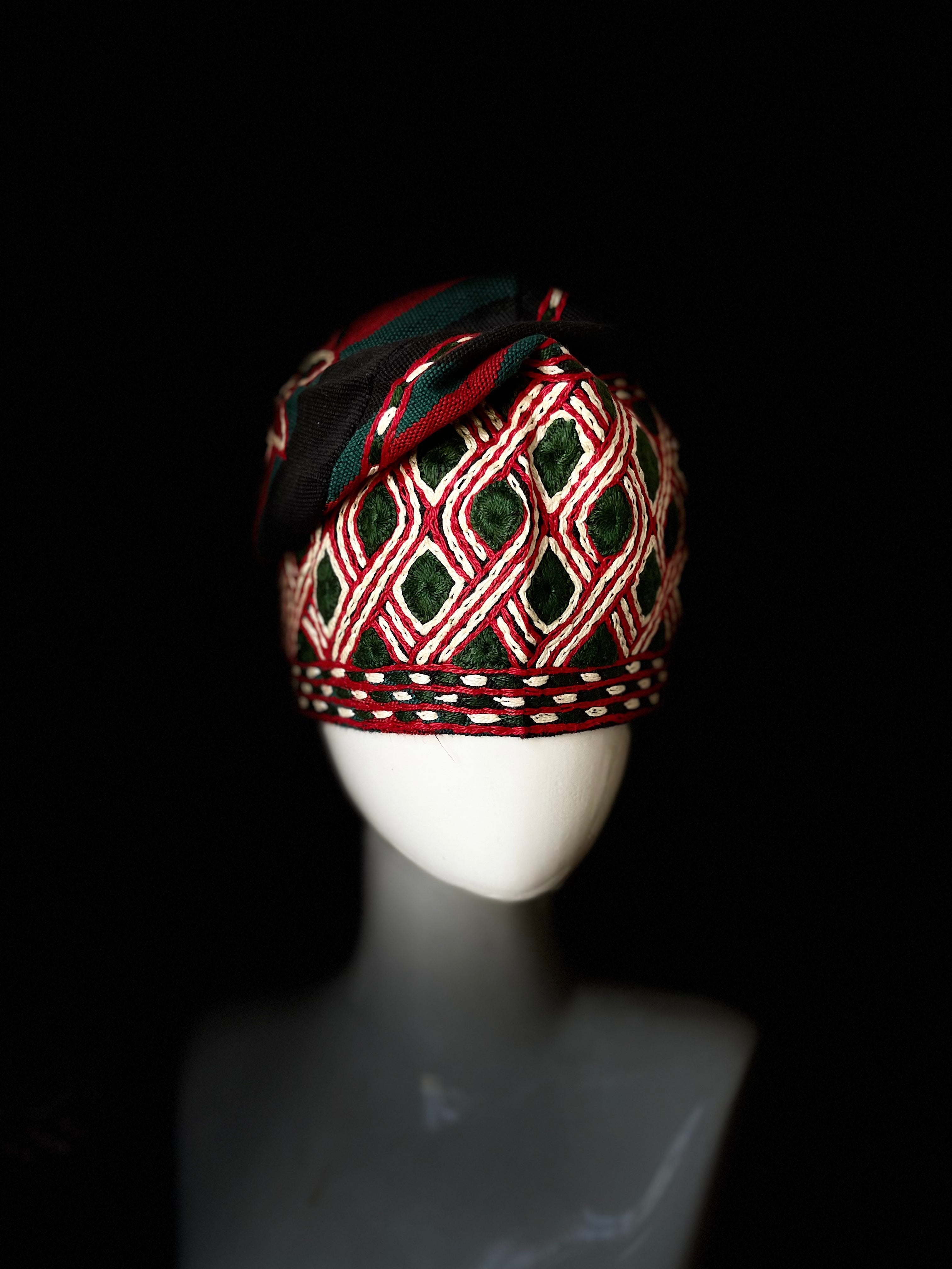 Black With Green and Red Tall Handknit embroidery traditional yoruba cap