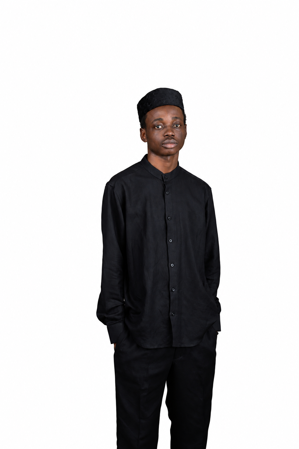 Orí Adé black linen two-piece set for men — bishop-collar shirt and drawstring trousers, front view