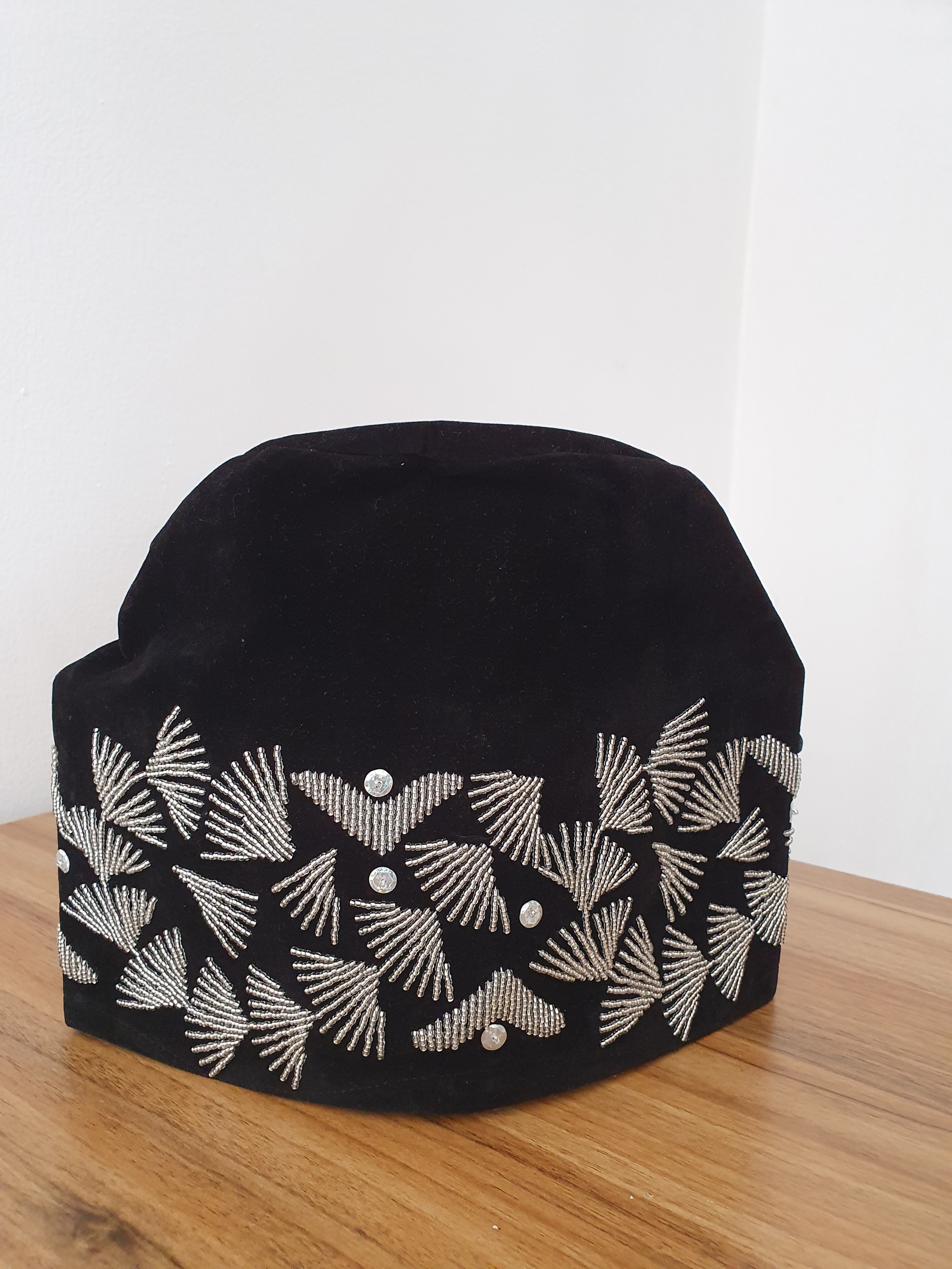 Royal Black Velvet Yorùbá Cap with Silver Bead