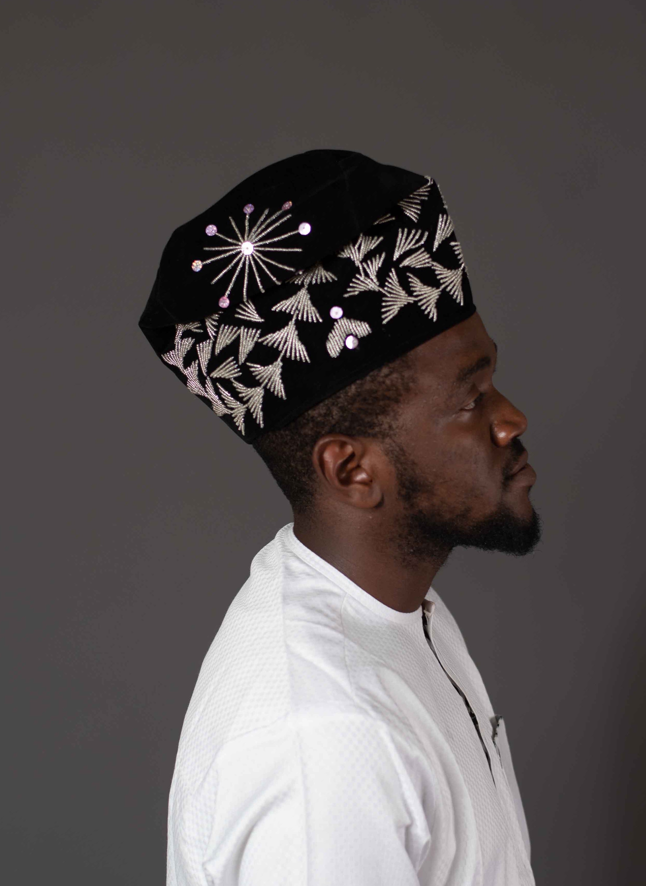 Royal Black Velvet Yorùbá Cap with Silver Bead