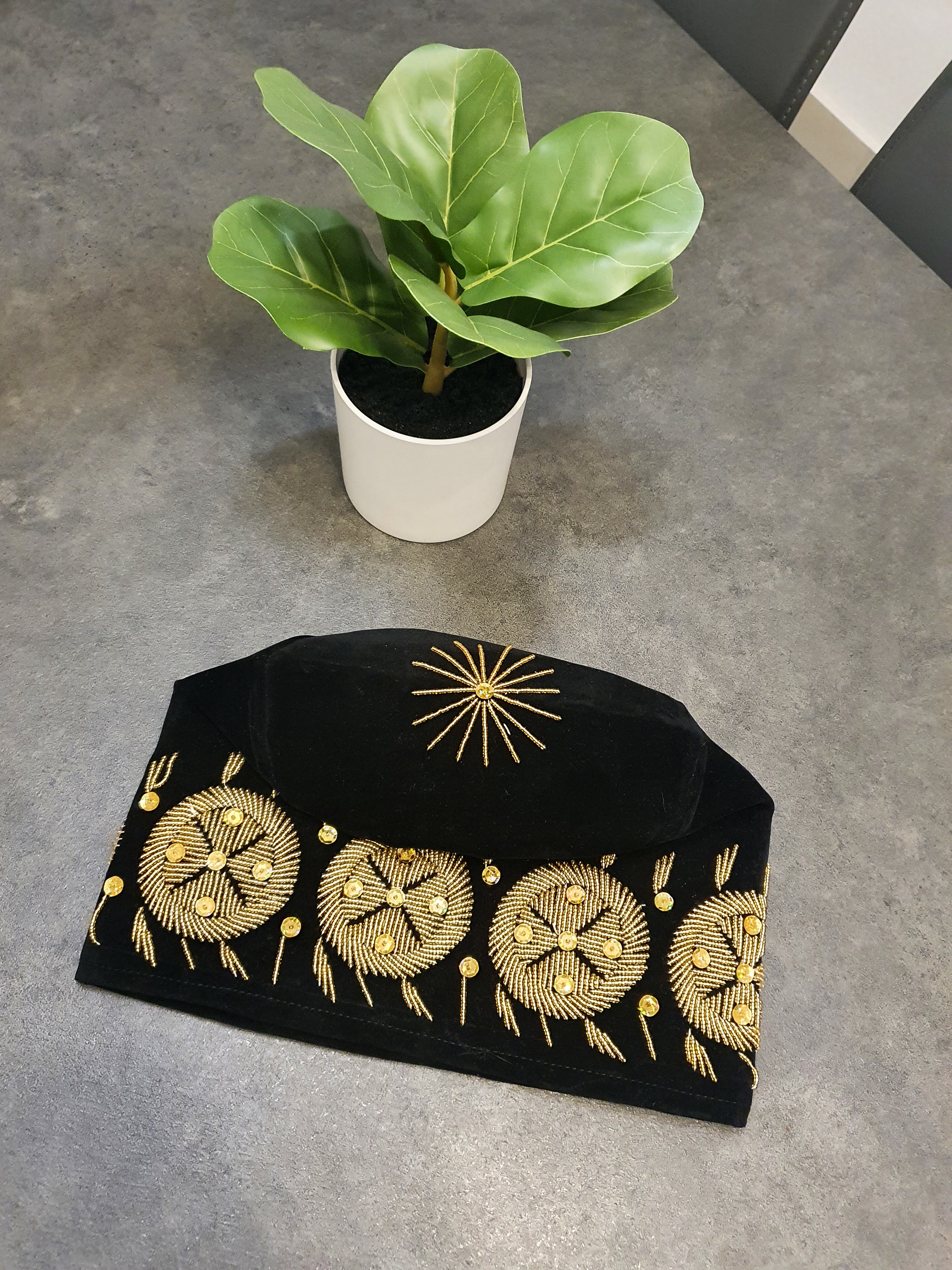 ÀKÓGUN Black Velvet Yoruba Cap with Gold Medallion Beadwork