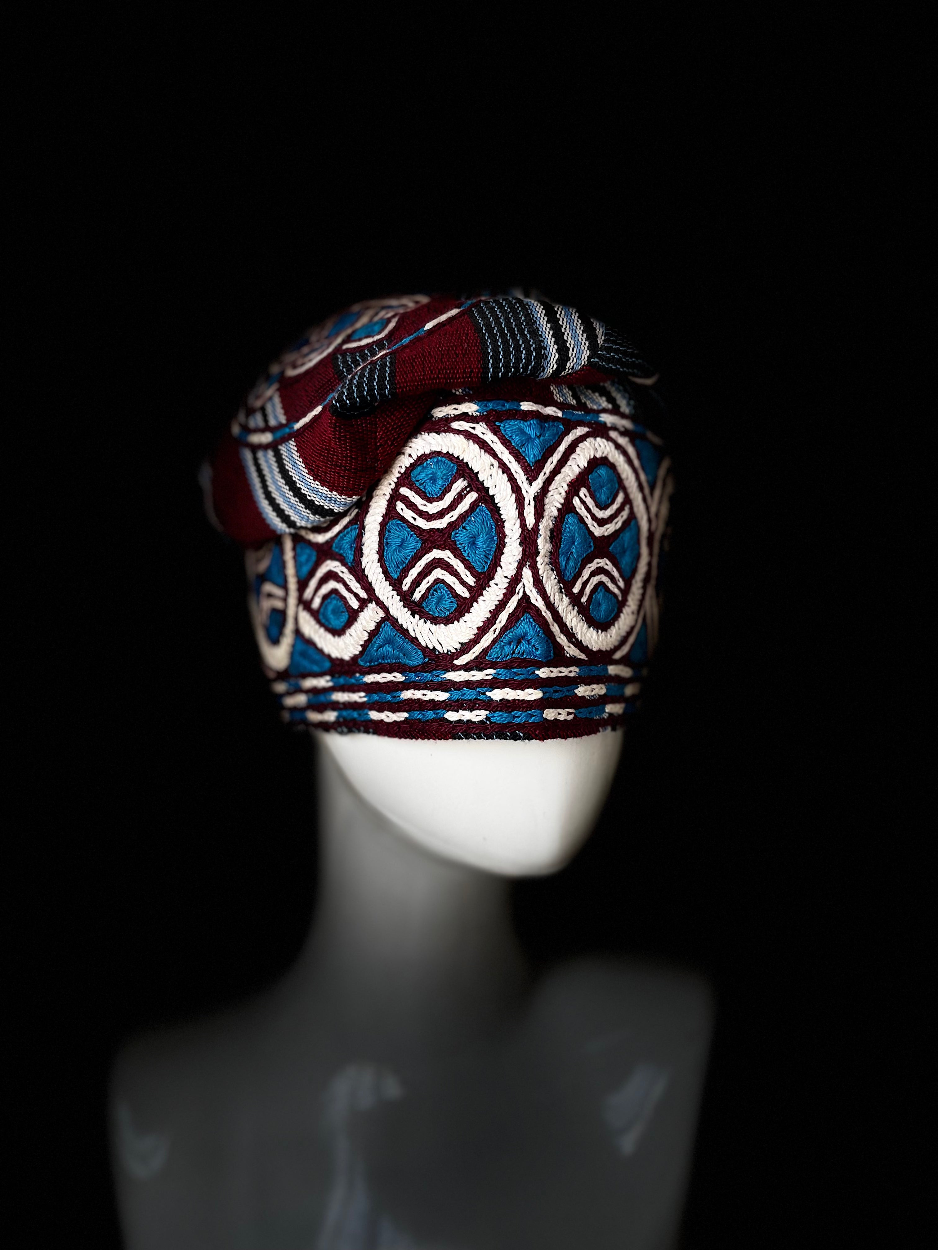 Burgundy & Blue Embroidered Aso-Oke Yorùbá Cap