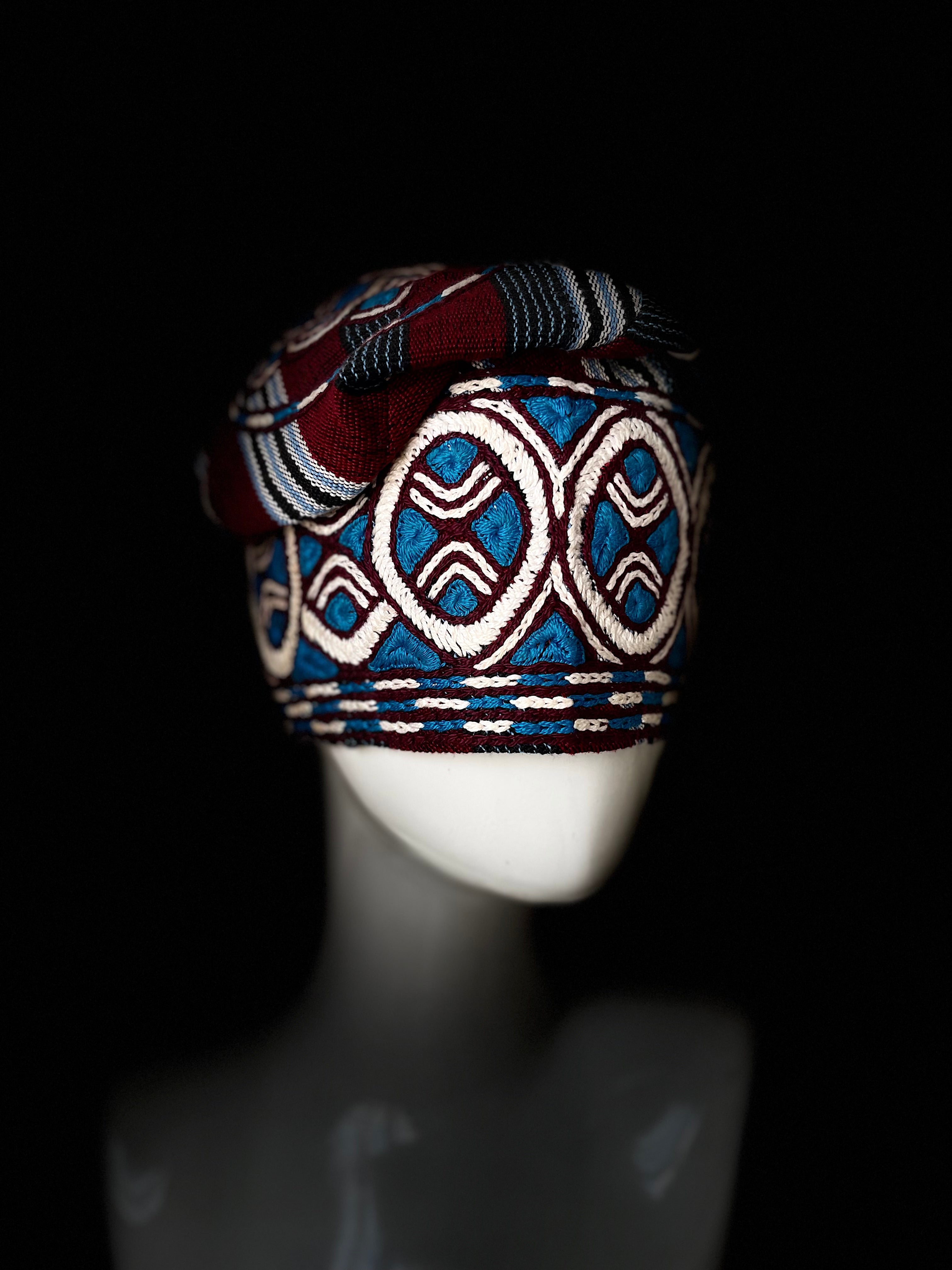 Burgundy & Blue Embroidered Aso-Oke Yorùbá Cap