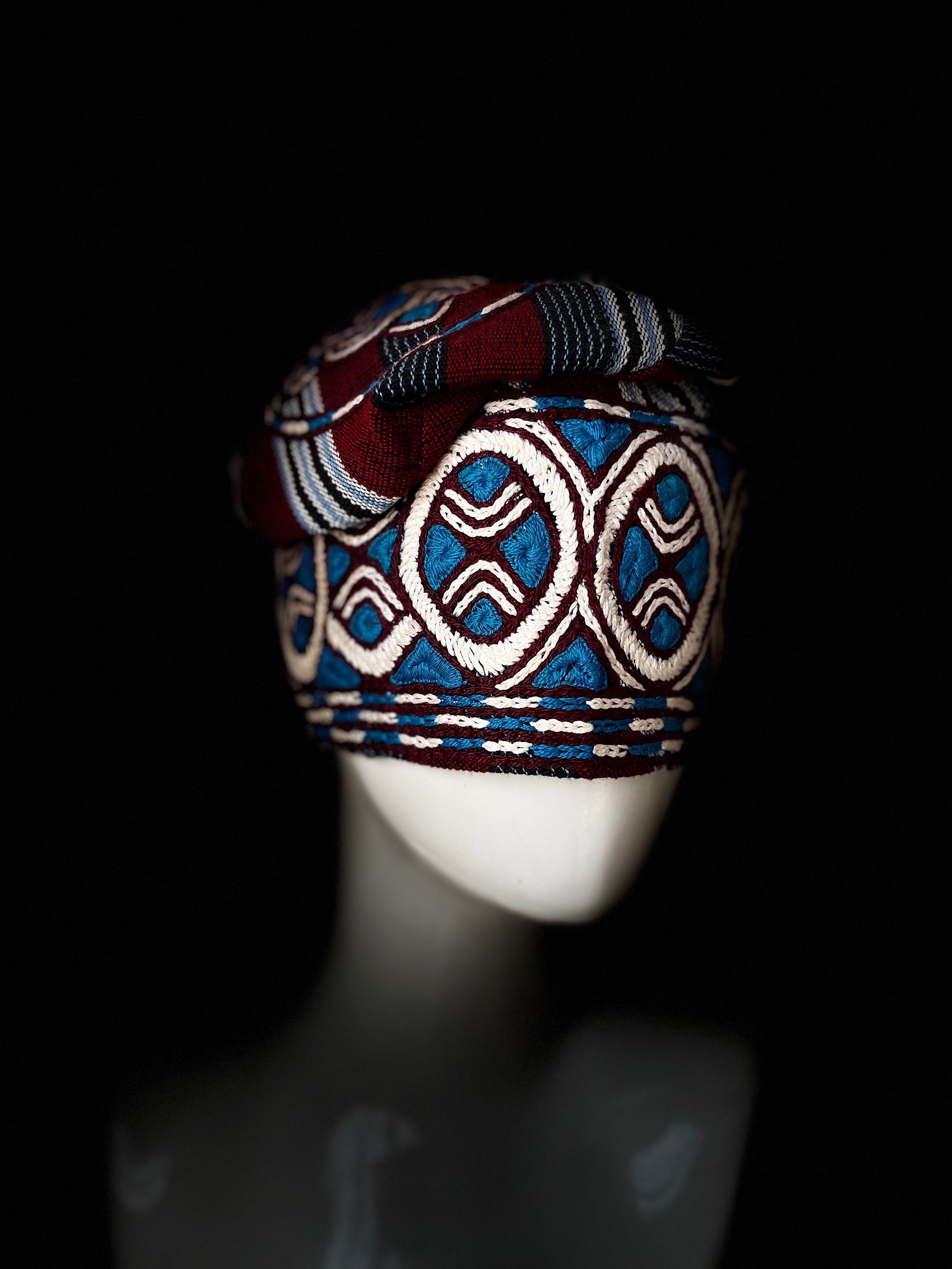 Burgundy & Blue Embroidered Aso-Oke Yorùbá Cap