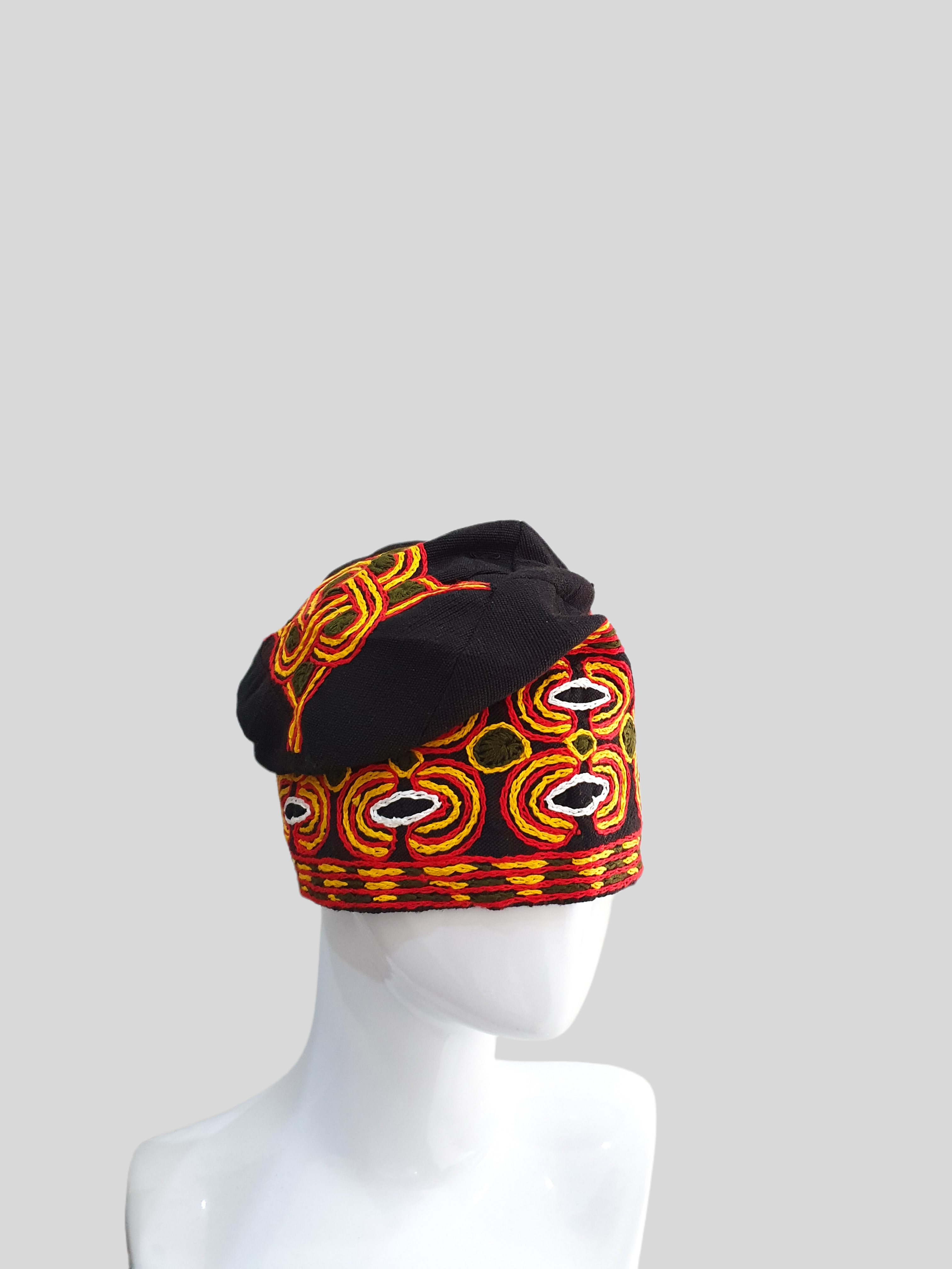 Black Multicolour Embroidered Aso-Oke Yoruba Cap