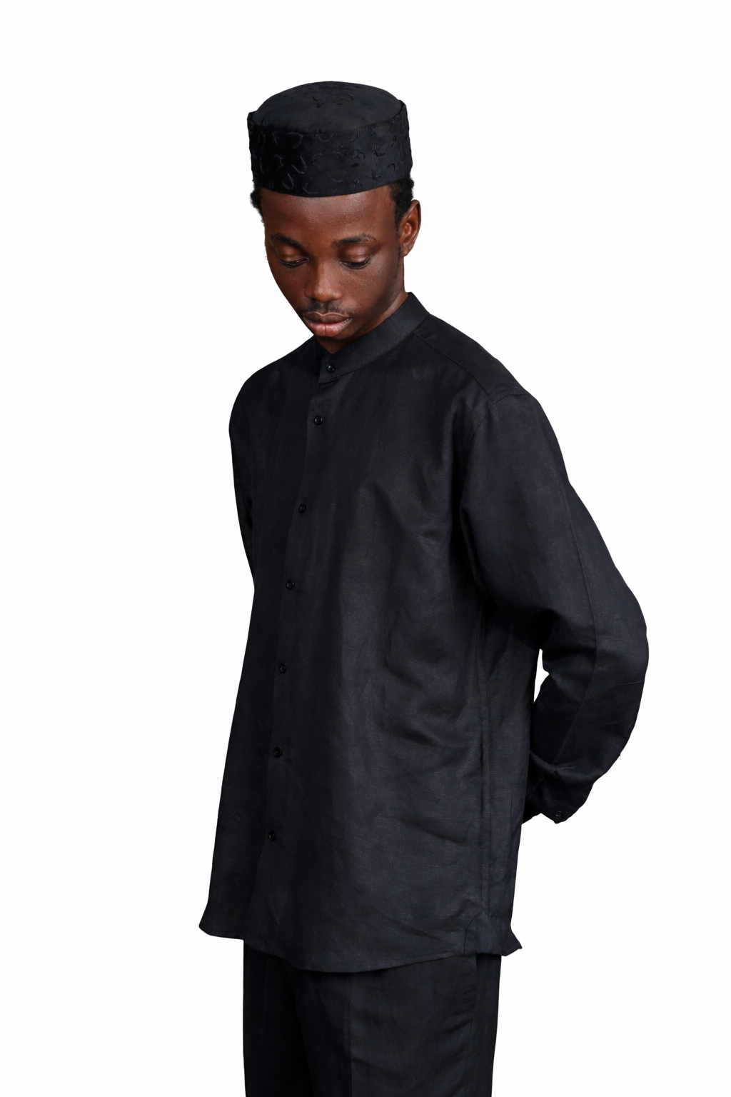 Black Linen Bishop Collar Long sleeve Shirt