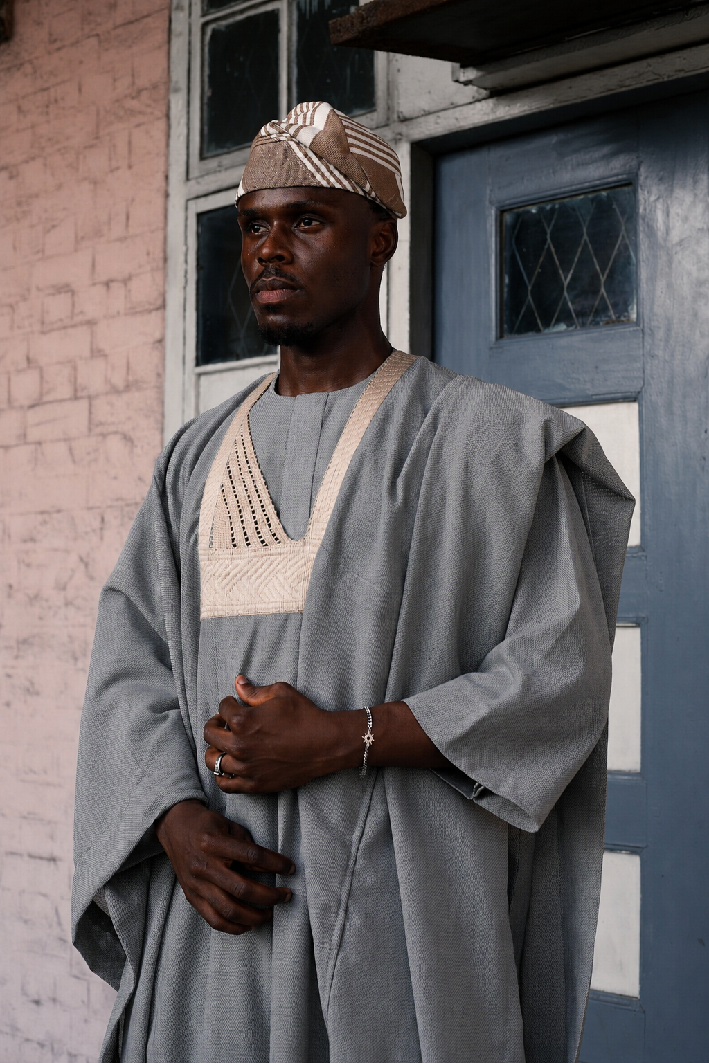 Beige Jakan agbada with 3/4 sleeves and loose trousers