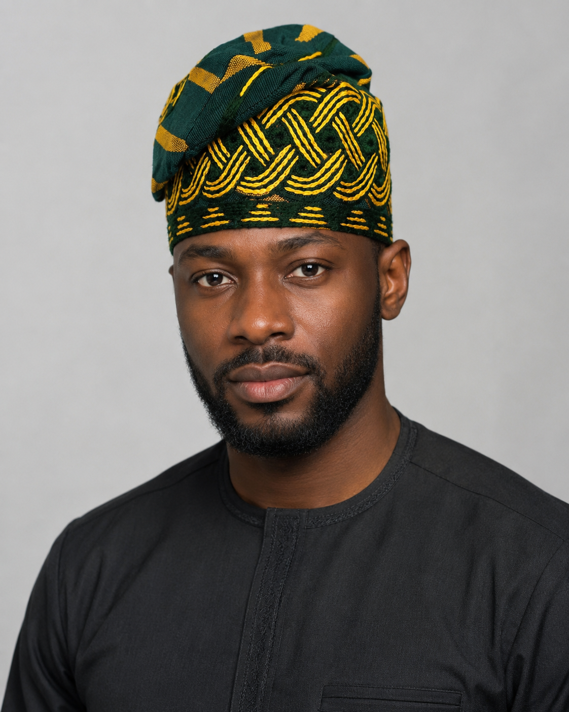 Green and yellow yoruba men's embroidery aso oke hat