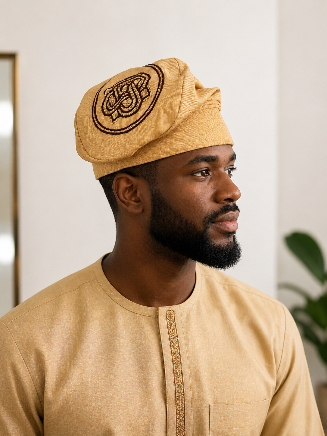 Carton Brown Embroidered Aso-Oke Yoruba Cap