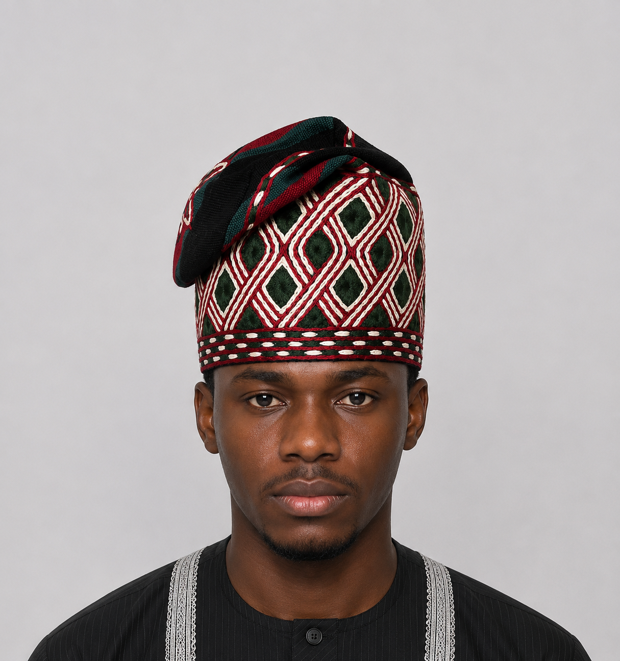 Black With Green and Red Tall Handknit embroidery  traditional yoruba cap