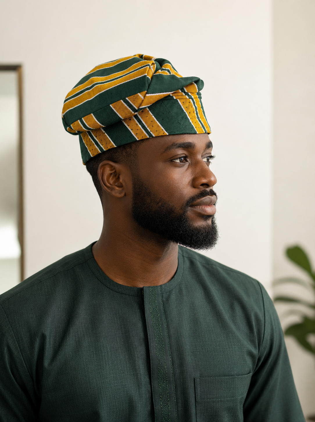 Green and Yellow Nigerian traditional Aso Oke cap