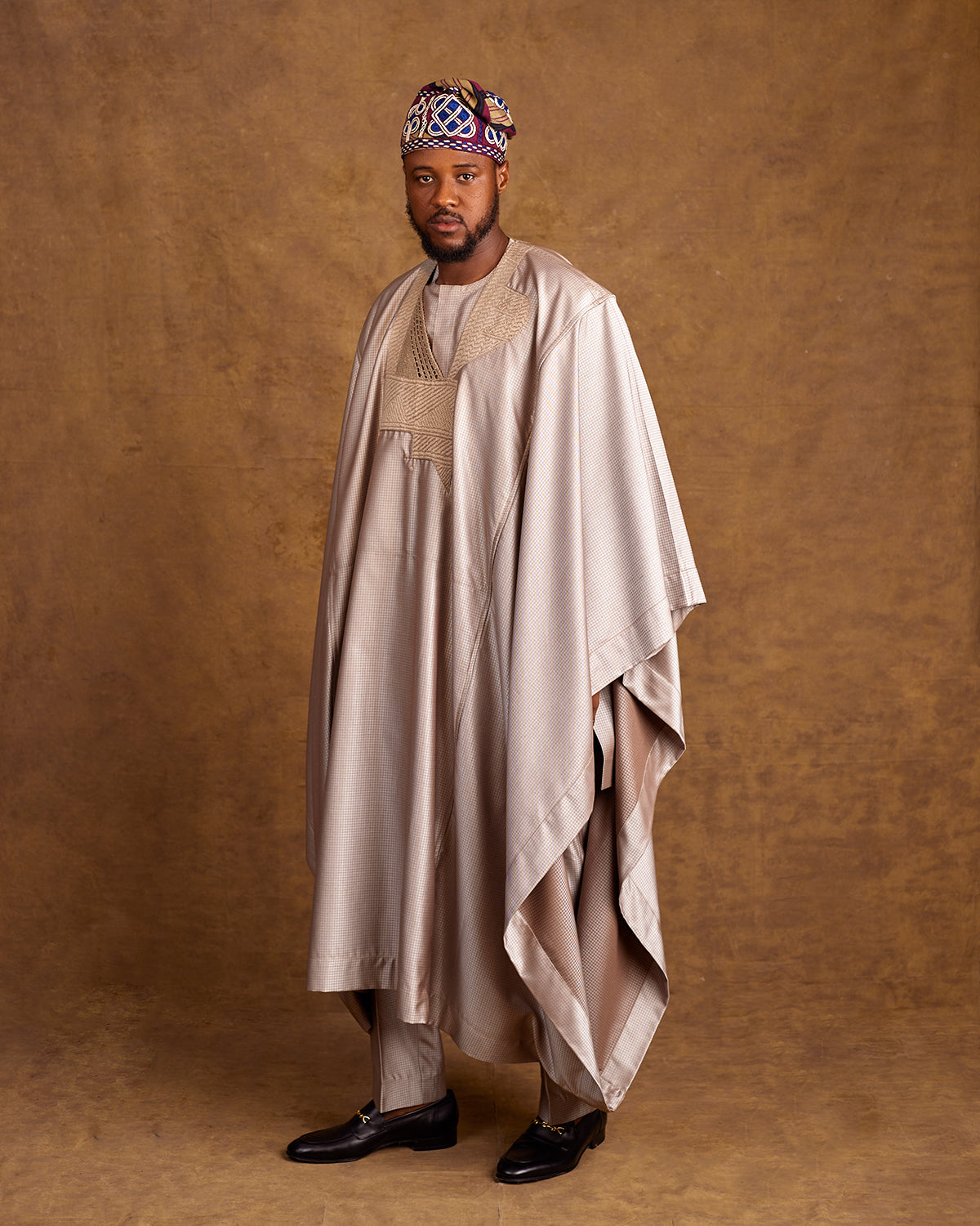 Yoruba Cap and Agbada in light brown 