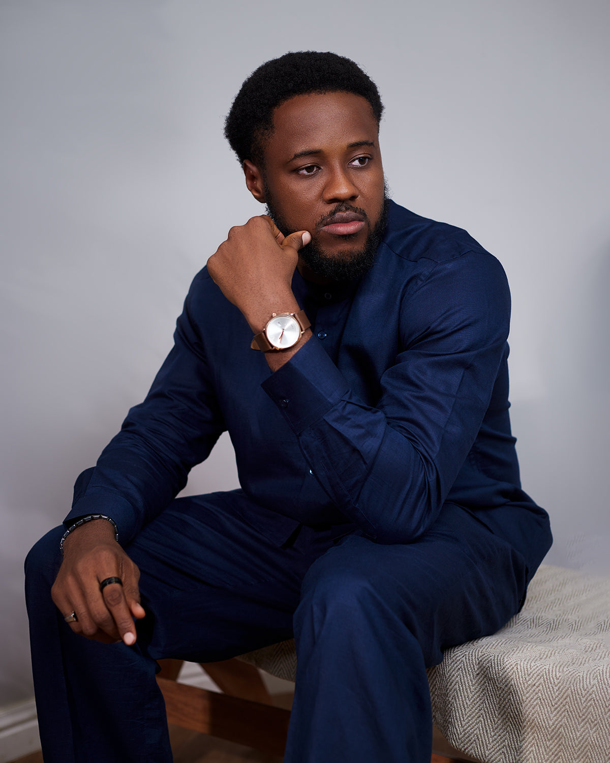 Orí Adé Navy Blue Linen Set – Mandarin Shirt & Drawstring Trousers