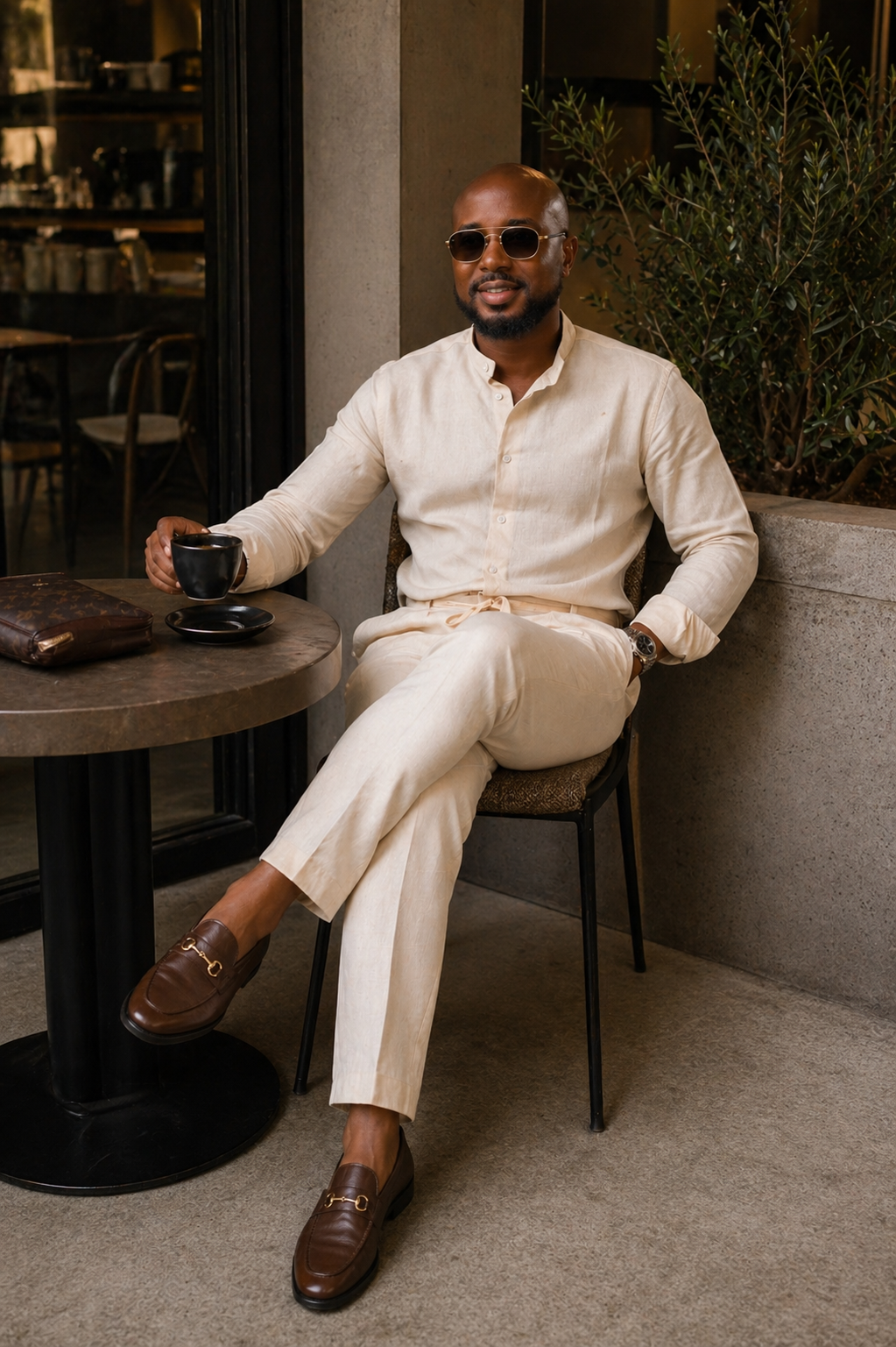 Orí Adé Beige Linen Set – Mandarin Shirt & Drawstring Trousers