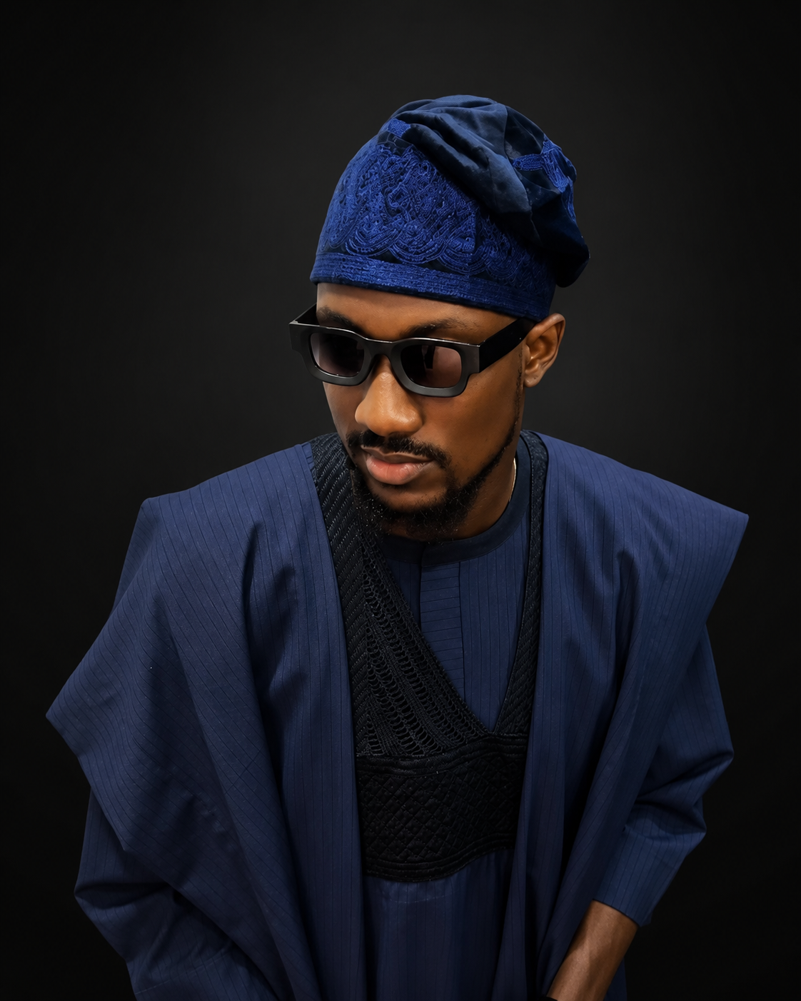 Dark Blue velvet monotone embroidery yoruba cap