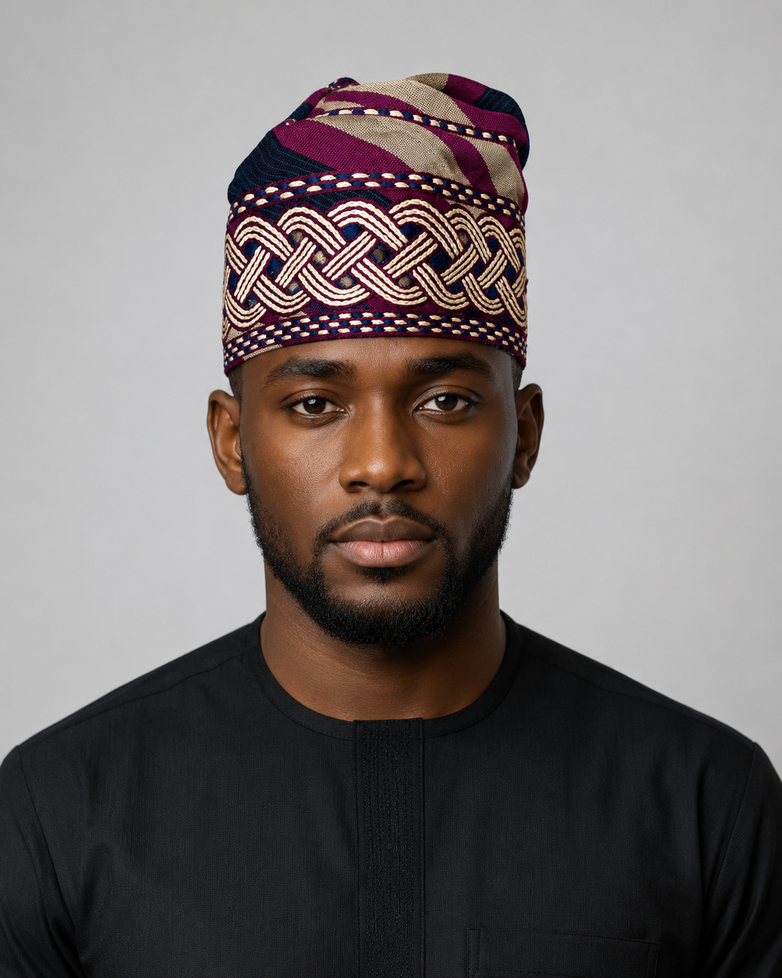 Brown and Purple Handknit embroidered traditional yoruba cap