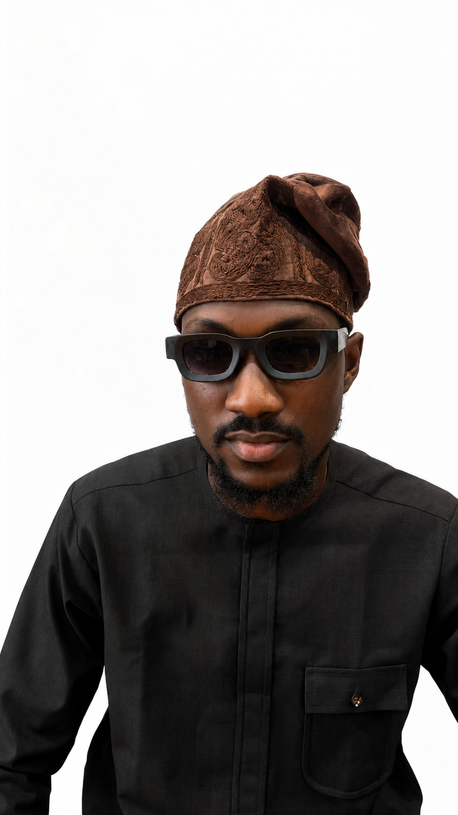 Brown Velvet Monotone Embroidered Yorùbá Cap