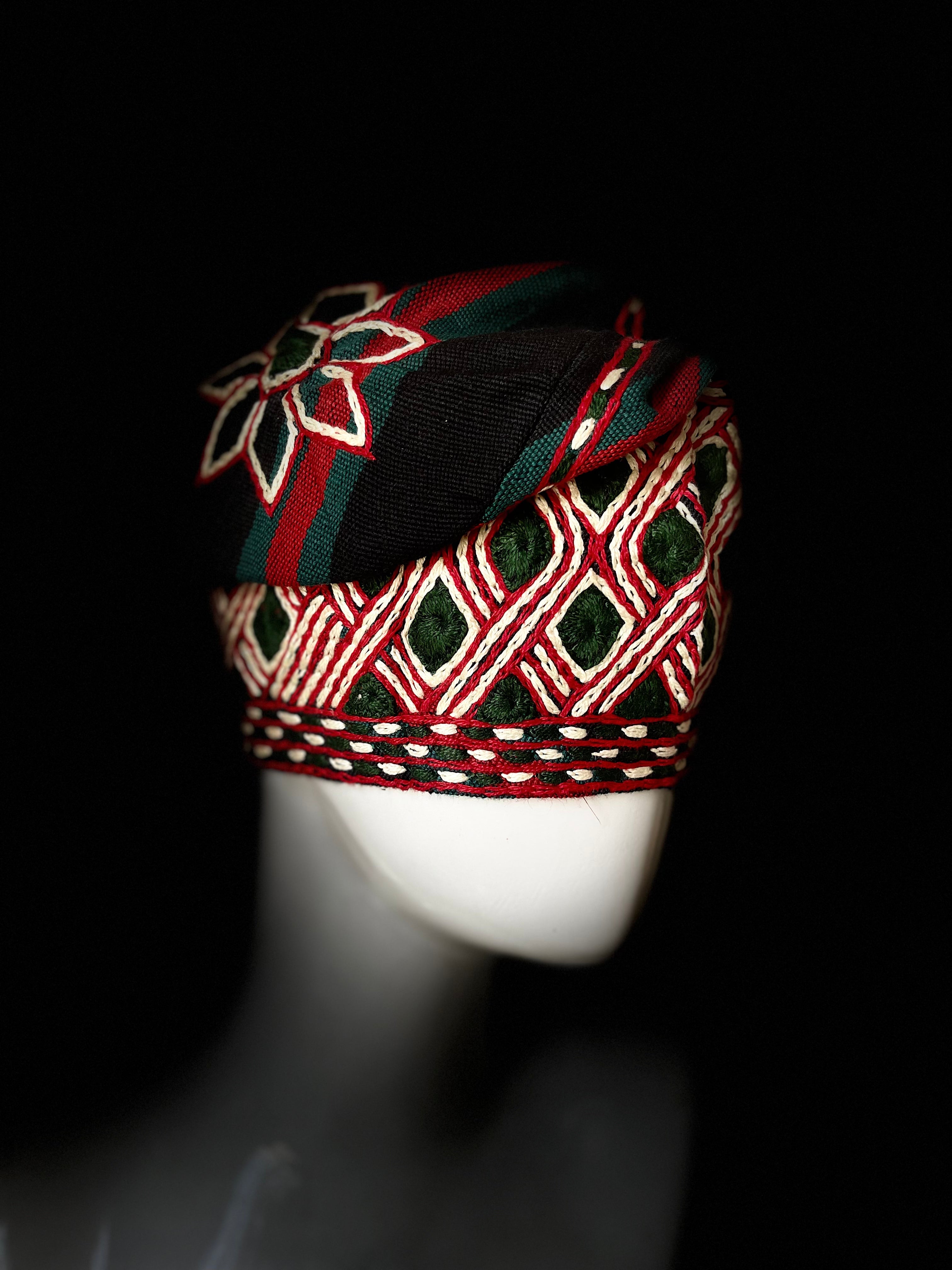 Black With Green and Red Tall Handknit embroidery  traditional yoruba cap