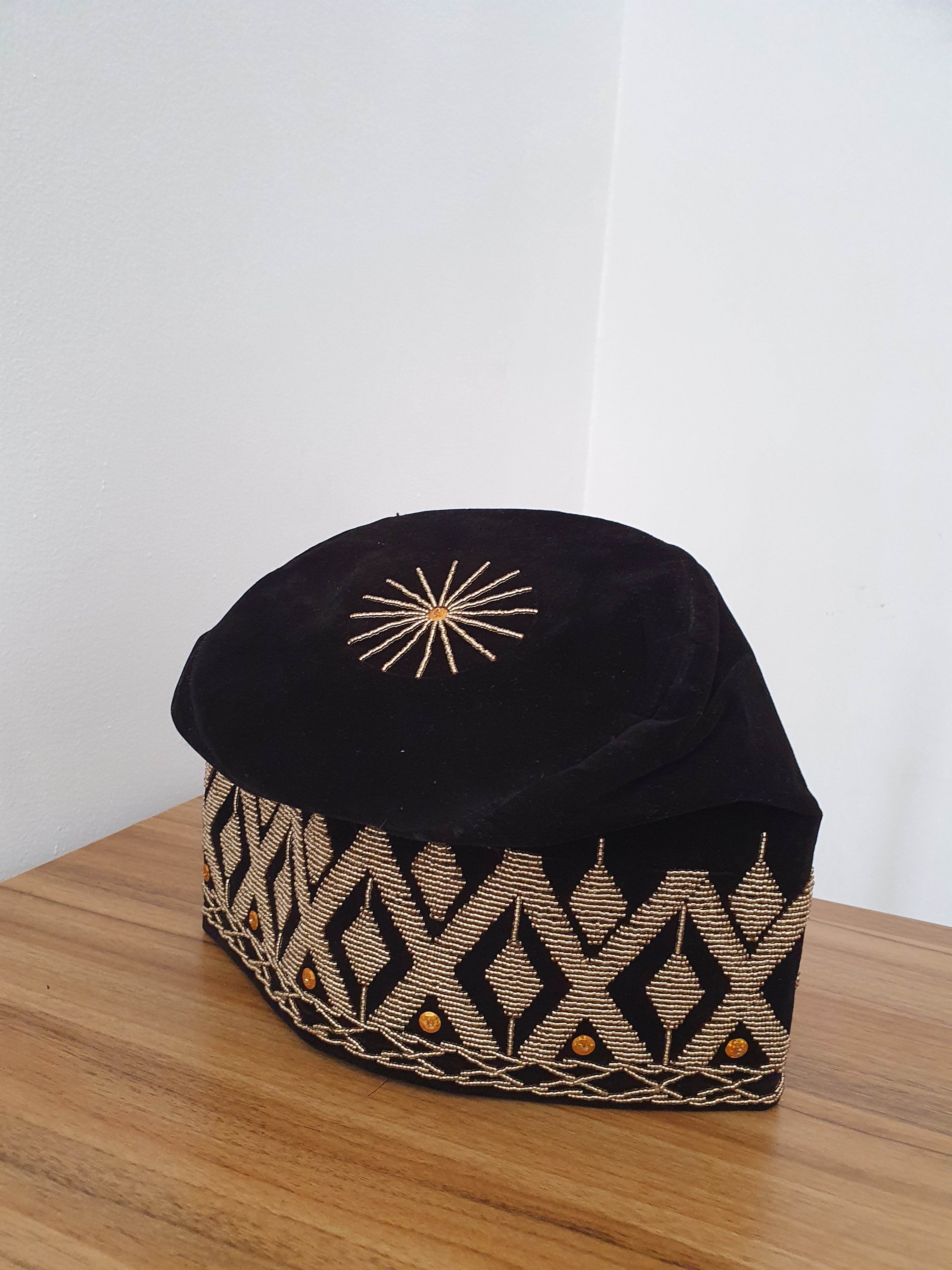 Black Royal Yorùbá Cap with Gold Embroidery