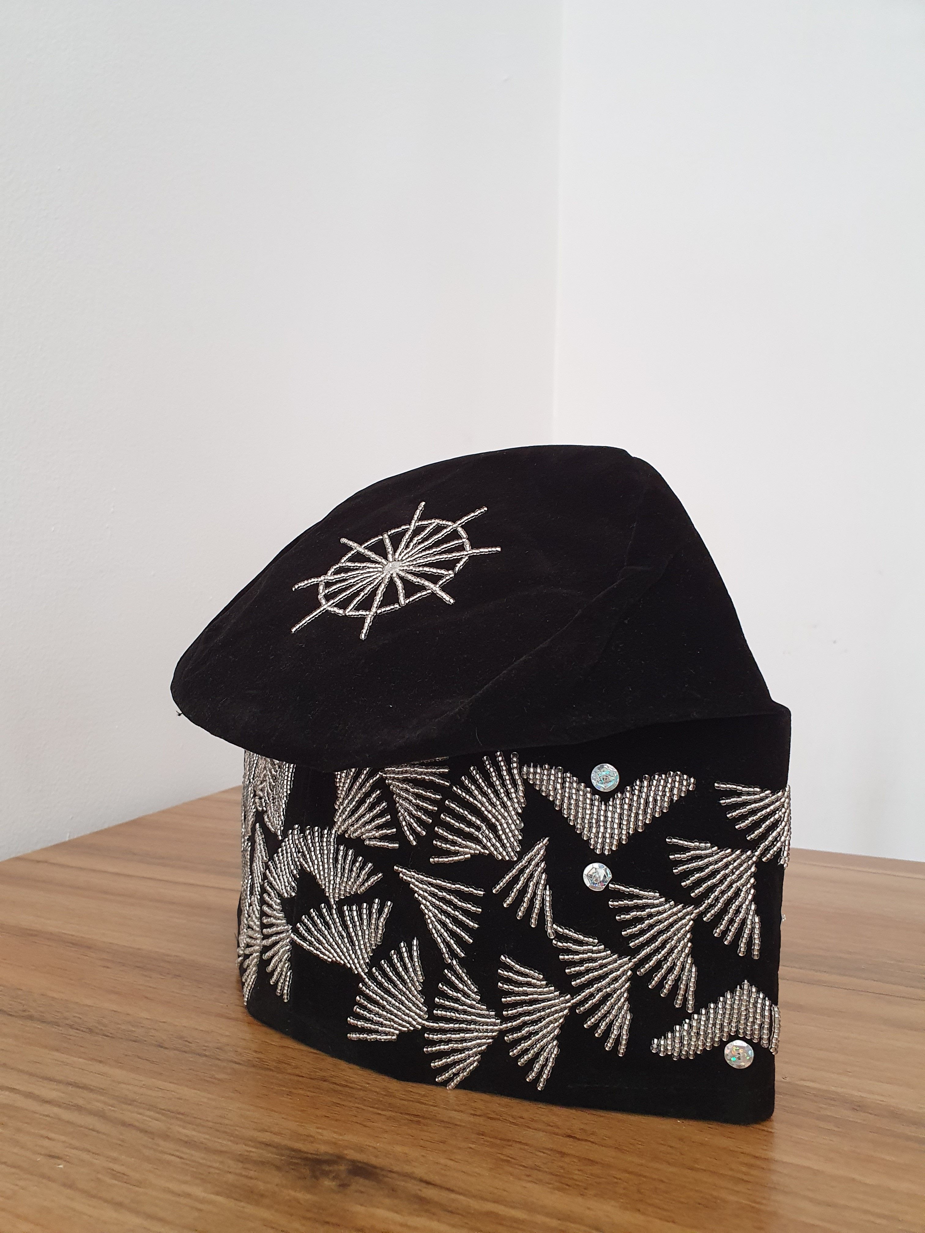 Royal Black Velvet Yorùbá Cap with Silver Bead
